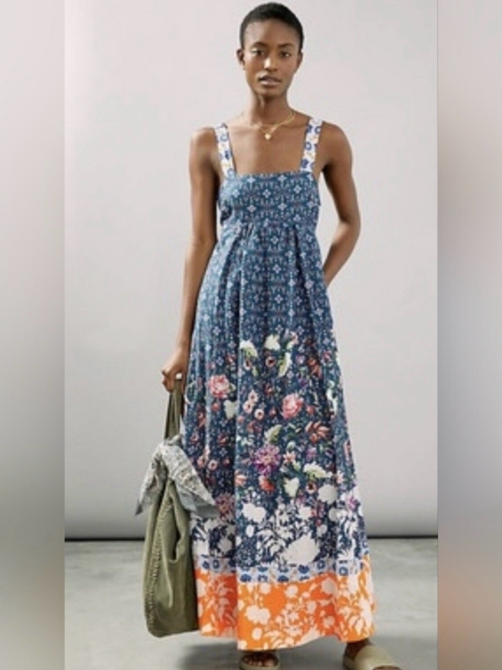 Anthropologie Maeve Madison Floral Tiered Maxi Dress in Navy and Orange Medium